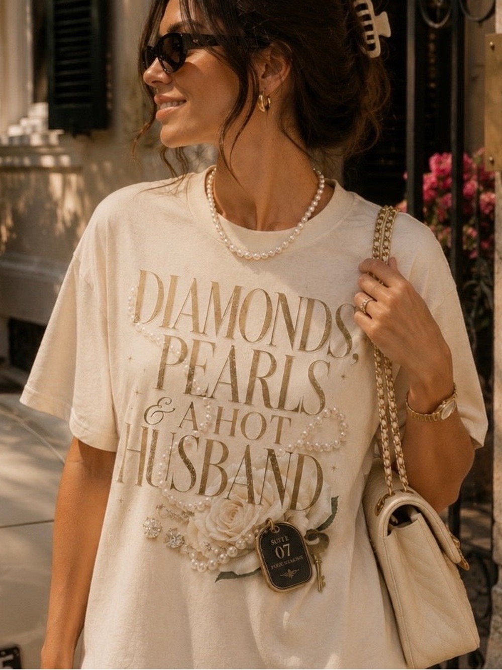 Diamonds Pearls & A Hot Husband Graphic Tee - Cream S-5x